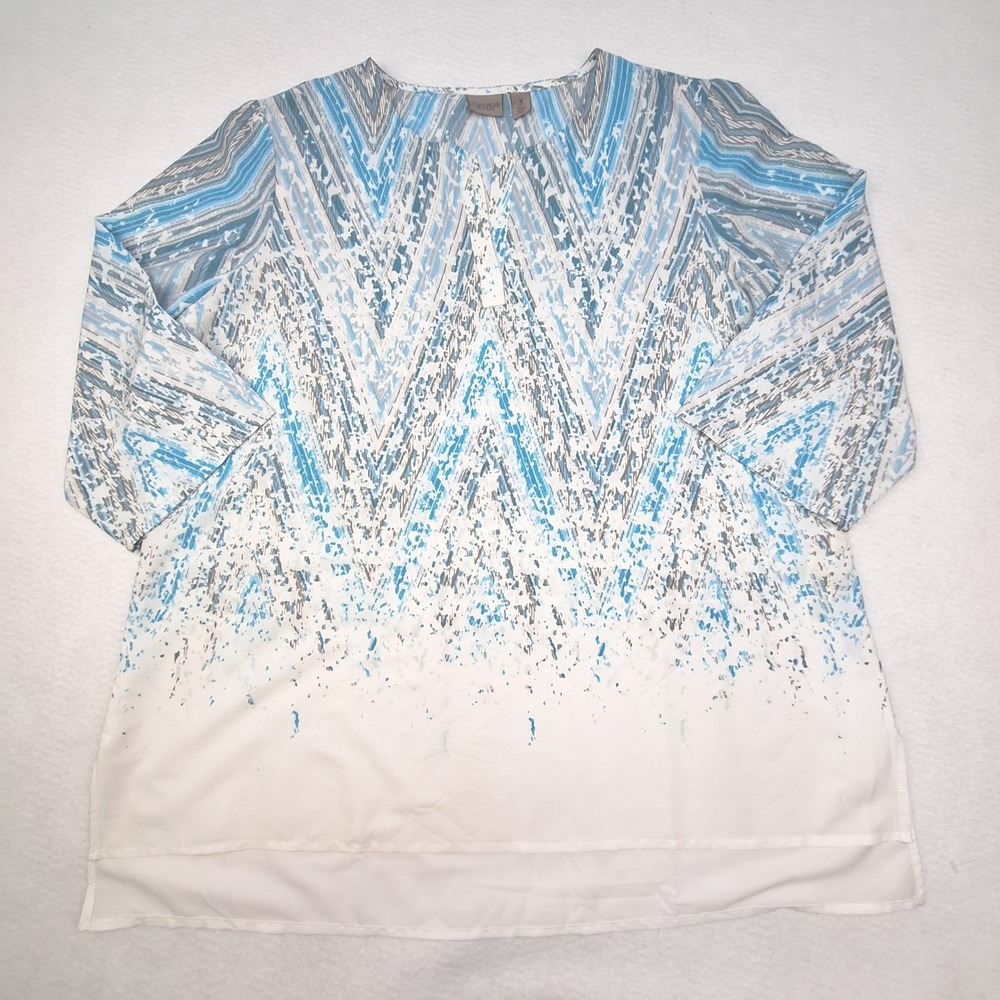 Chicos‎ Easywear Tunic Womens 3 US XL Blue White Abstract Chevron 3/4 Sleeve Top